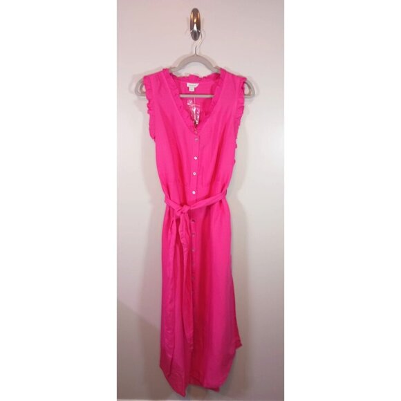 Sundance Linen Coastal‎ Beach Ruffle Vacation V-Neck Women's Dress Size L NWT - Picture 1 of 6
